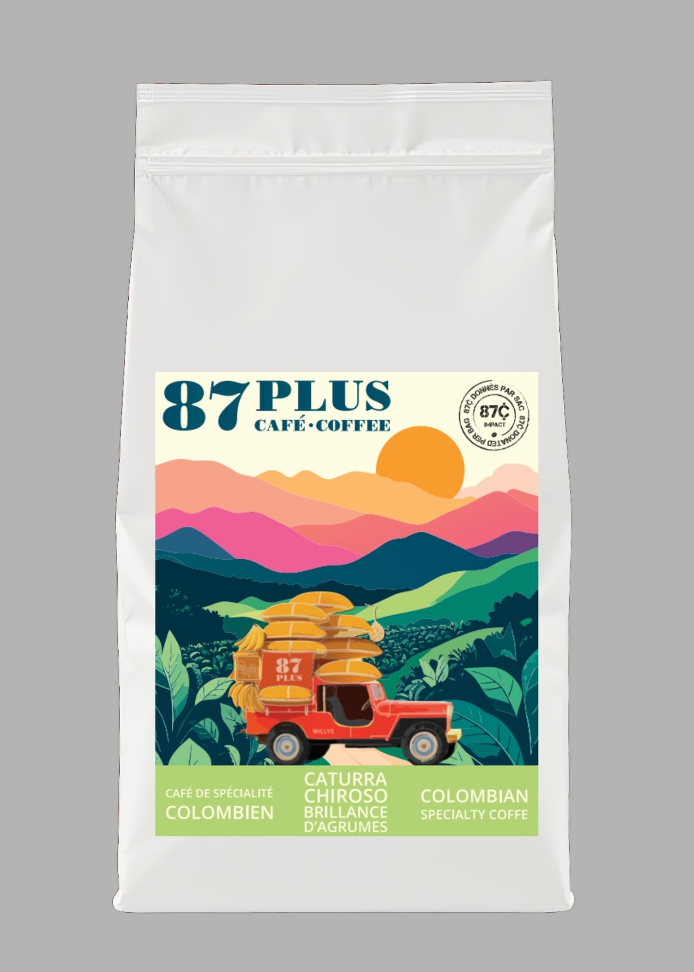 Specialty Colombian coffee - 87plus - Caturra Chiroso variety, green and pink packaging front