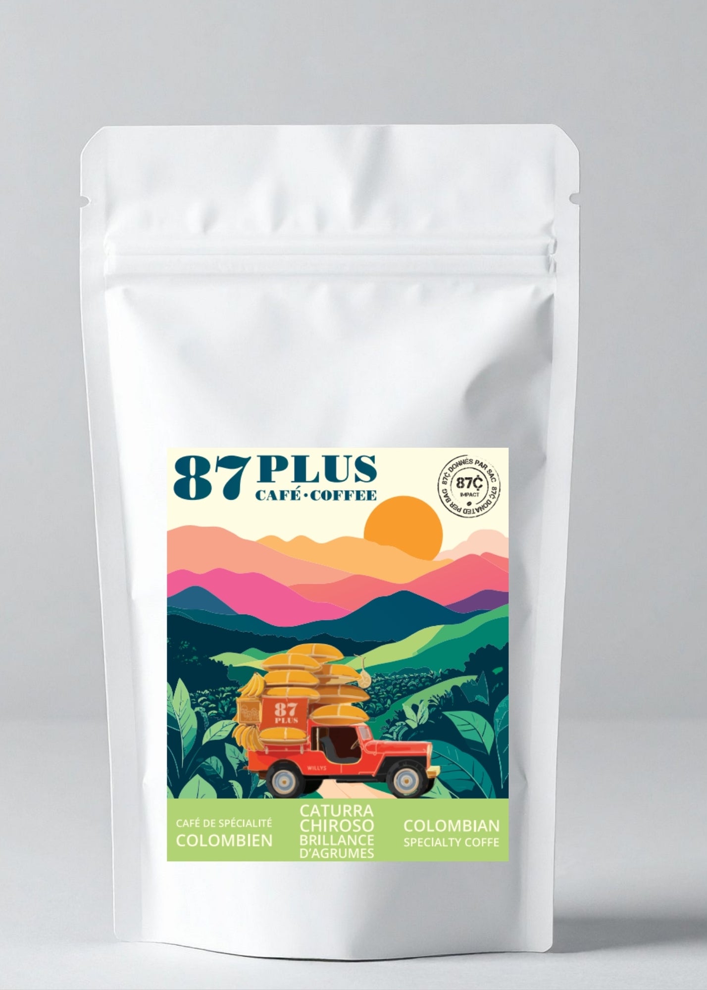 Specialty Colombian coffee - 87plus - Caturra Chiroso variety, green and pink packaging 150gr