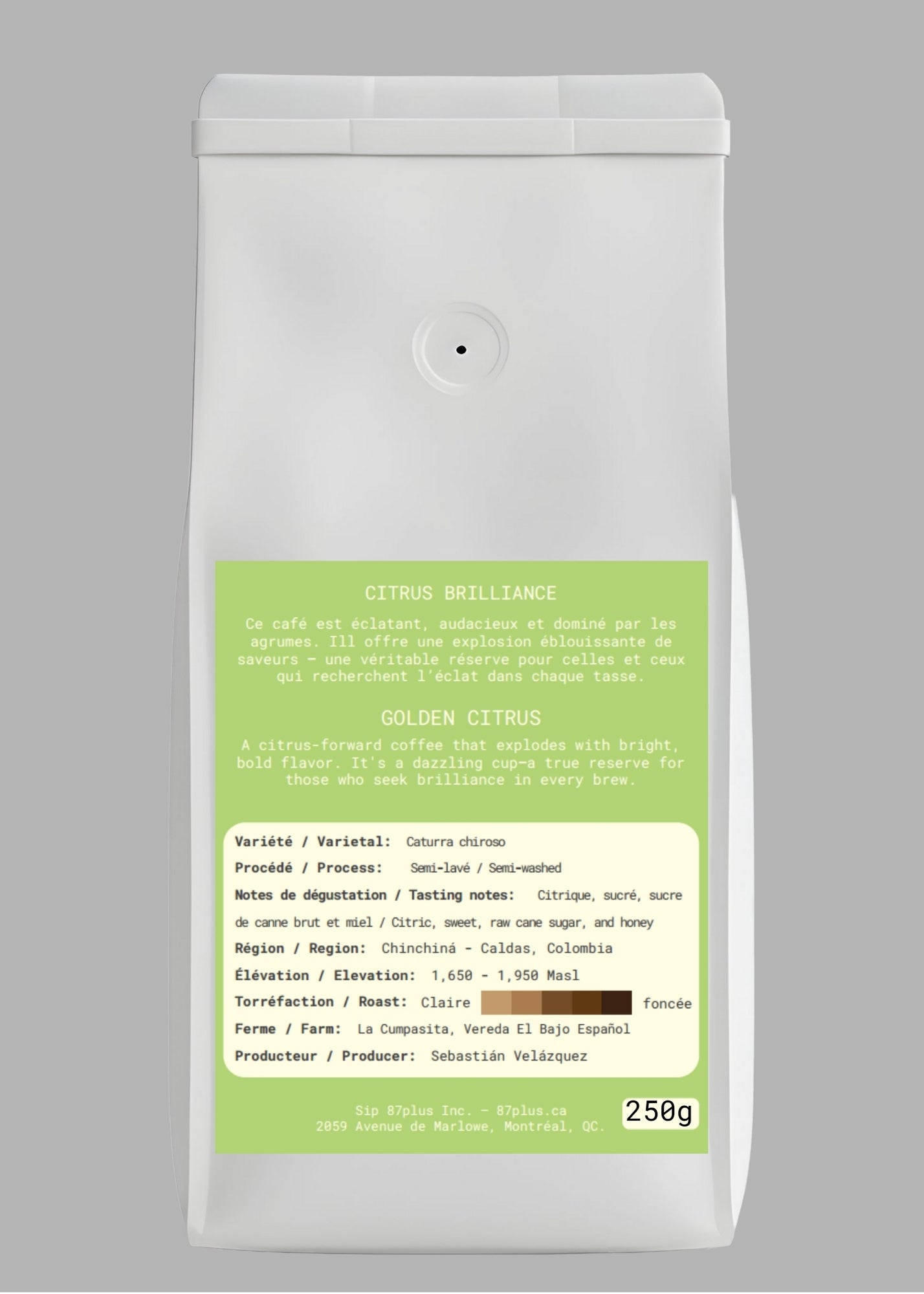 Specialty Colombian coffee - Caturra Chiroso variety, green and grey packaging