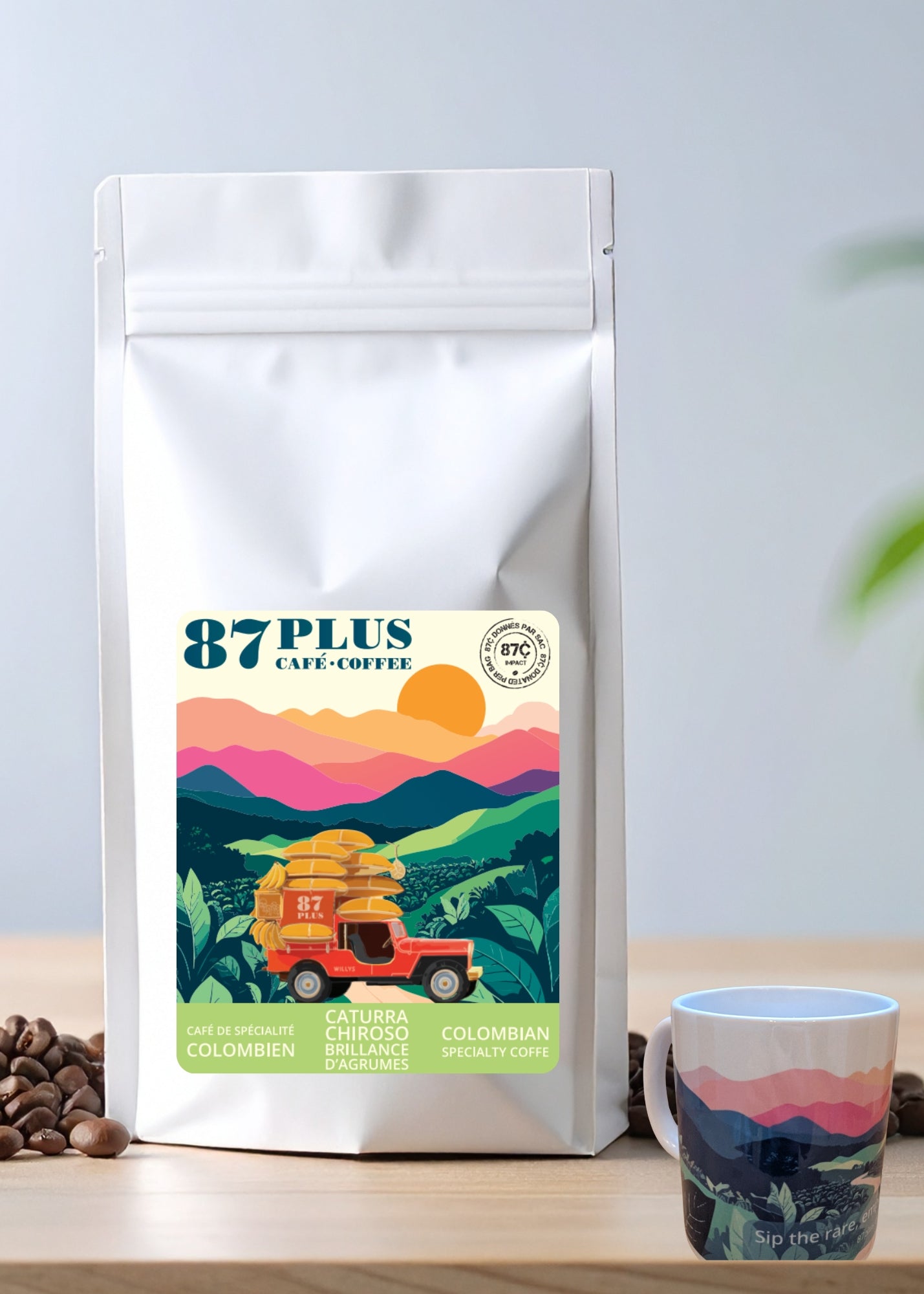 Specialty Colombian coffee - 87plus - Caturra Chiroso variety, green and pink packaging, mug