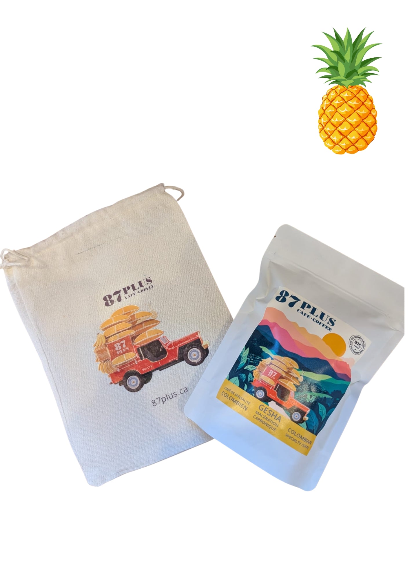 Specialty Colombian coffee - 87plus -gesha carbonic maceration, white and yellow packaging front, pineapple
