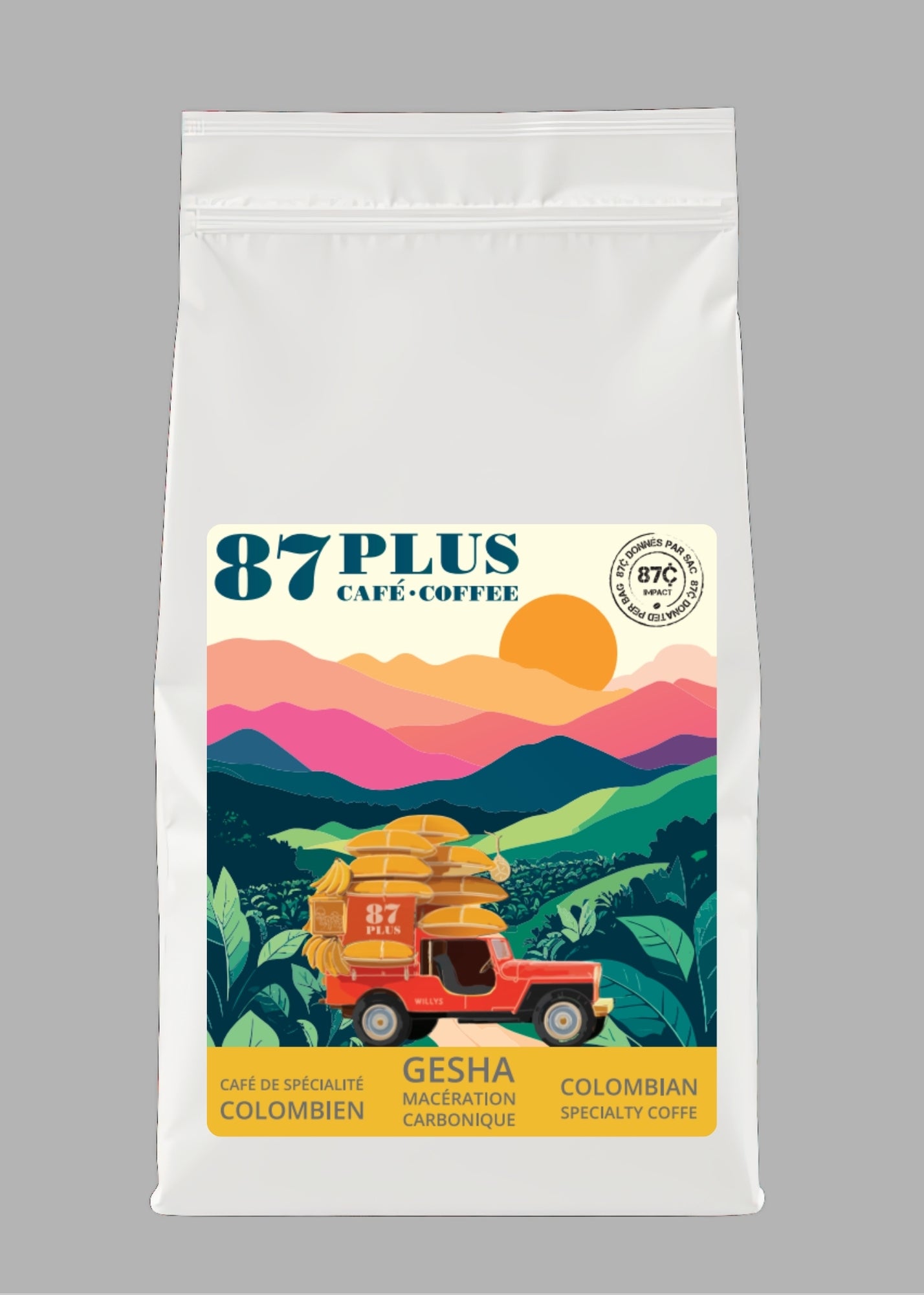 Specialty Colombian coffee - 87plus - gesha carbonic maceration variety, the crown, white and yellow packaging back