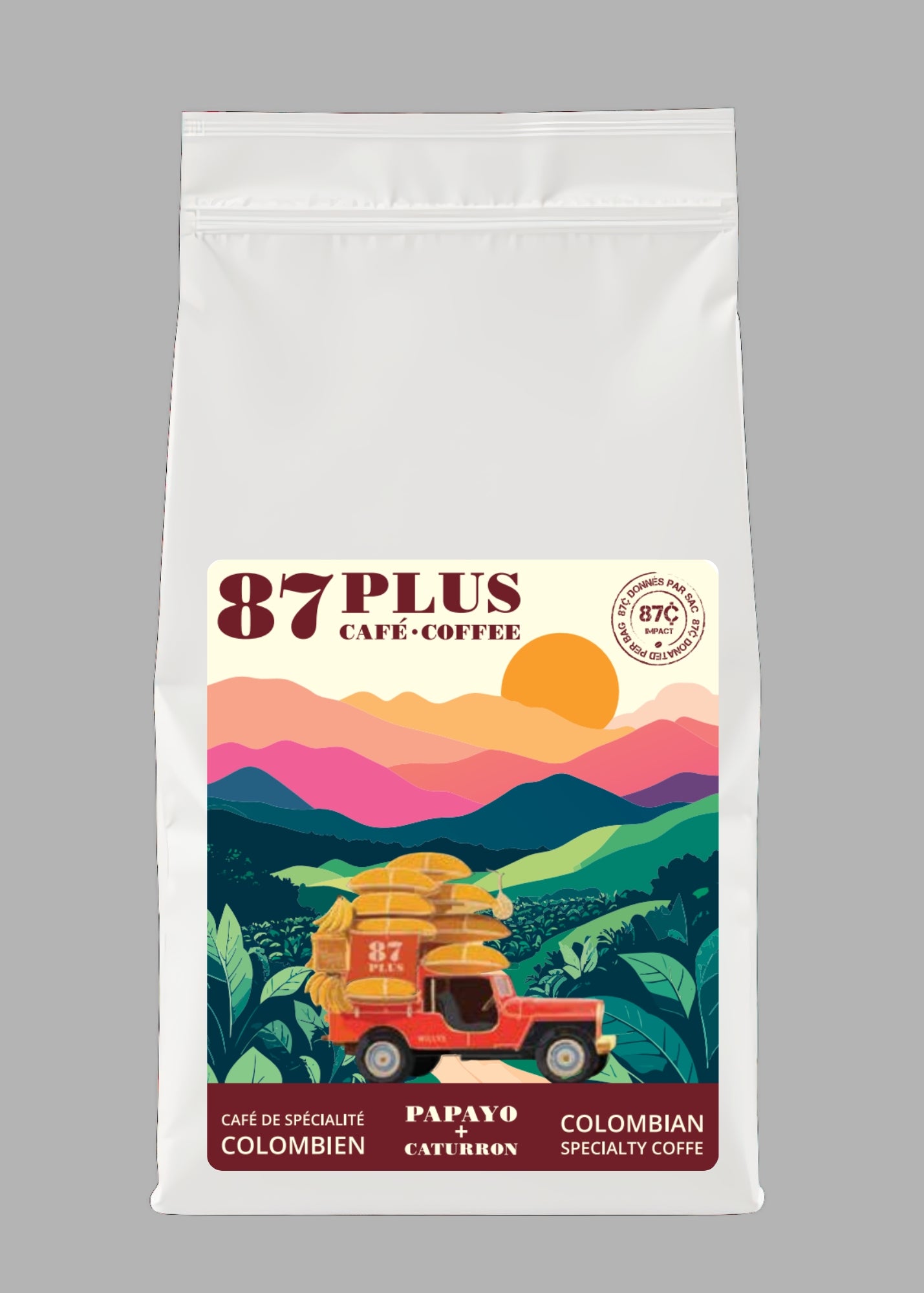 Speciality coffe - Papayo + Caturron  · Natural · Limited Edition - 87plus, darck red with pink backgroung and yipao