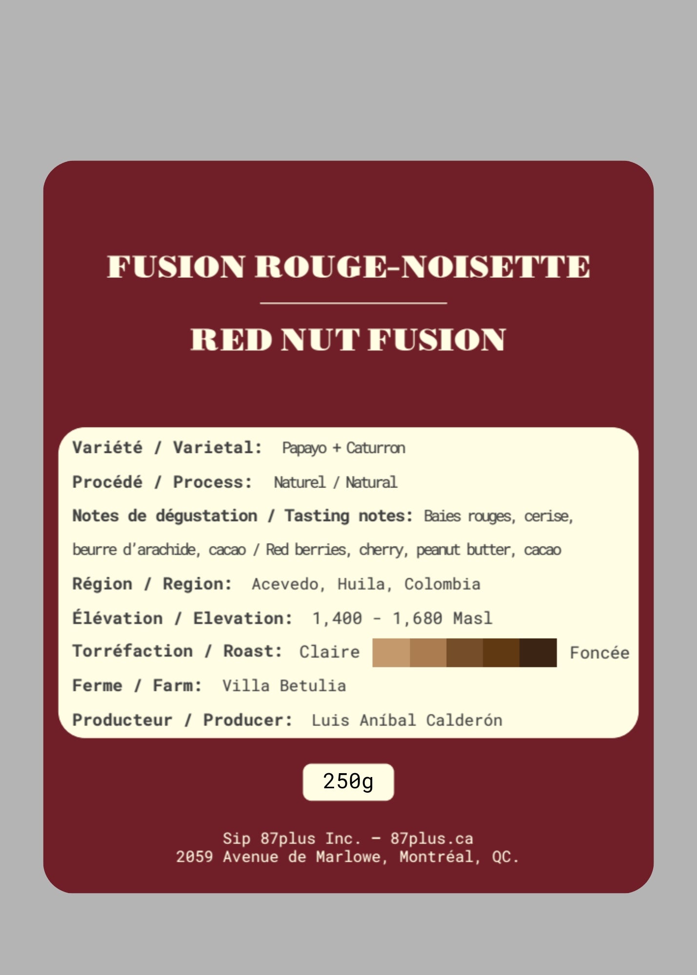 Speciality coffe - Papayo + Caturron  · Natural · Limited Edition - 87plus, darck red with pink backgroung and yipao back zoom