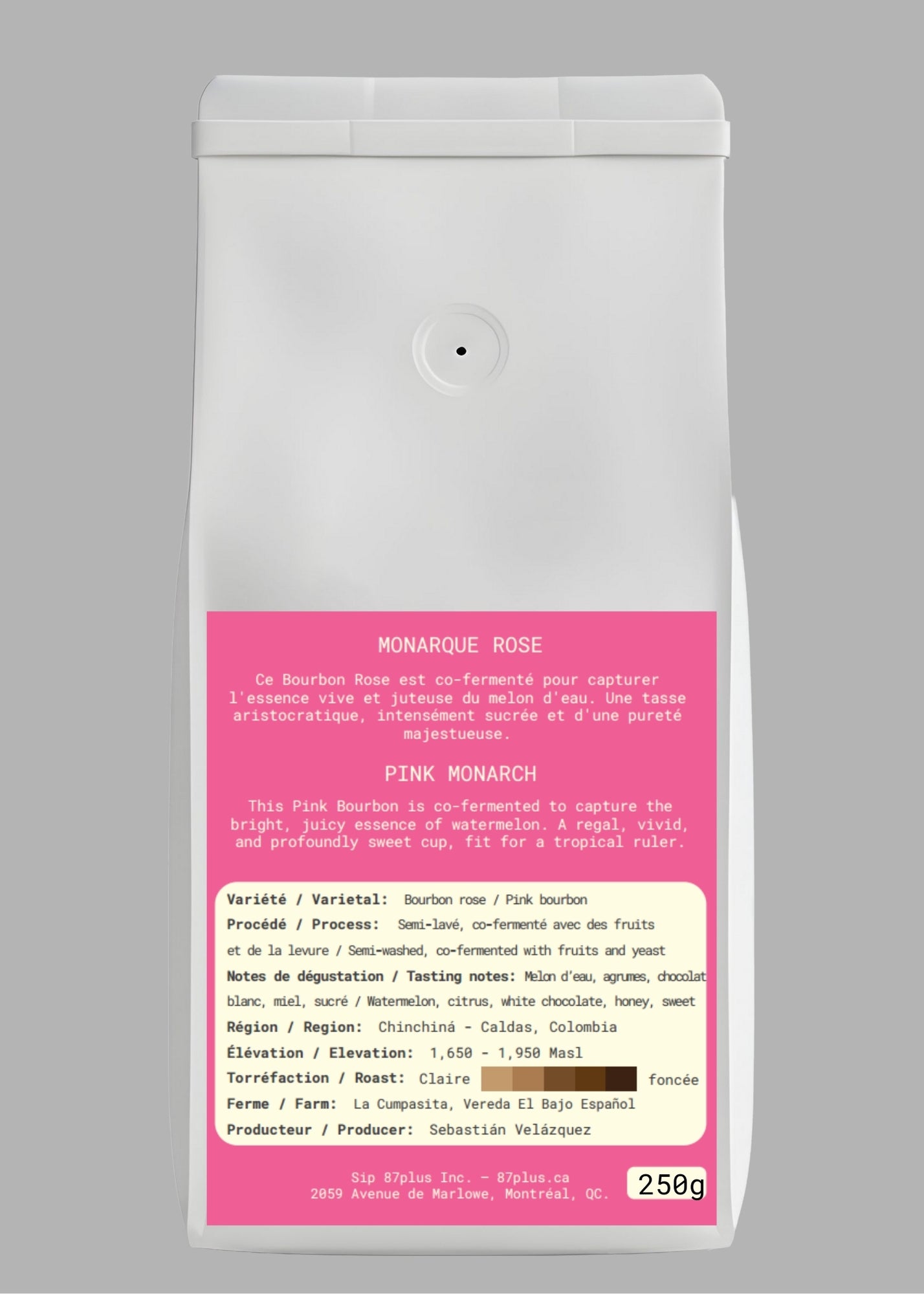 Specialty Colombian coffee - 87plus - pink bourbon variety, pink monarch, white and pink packaging back