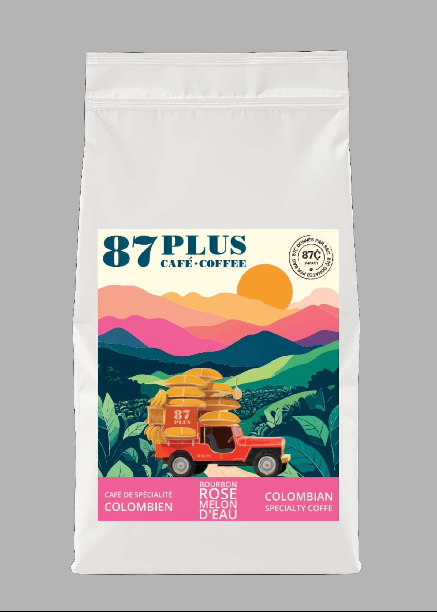 Specialty Colombian coffee - 87plus - pink bourbon variety, white and pink packaging front