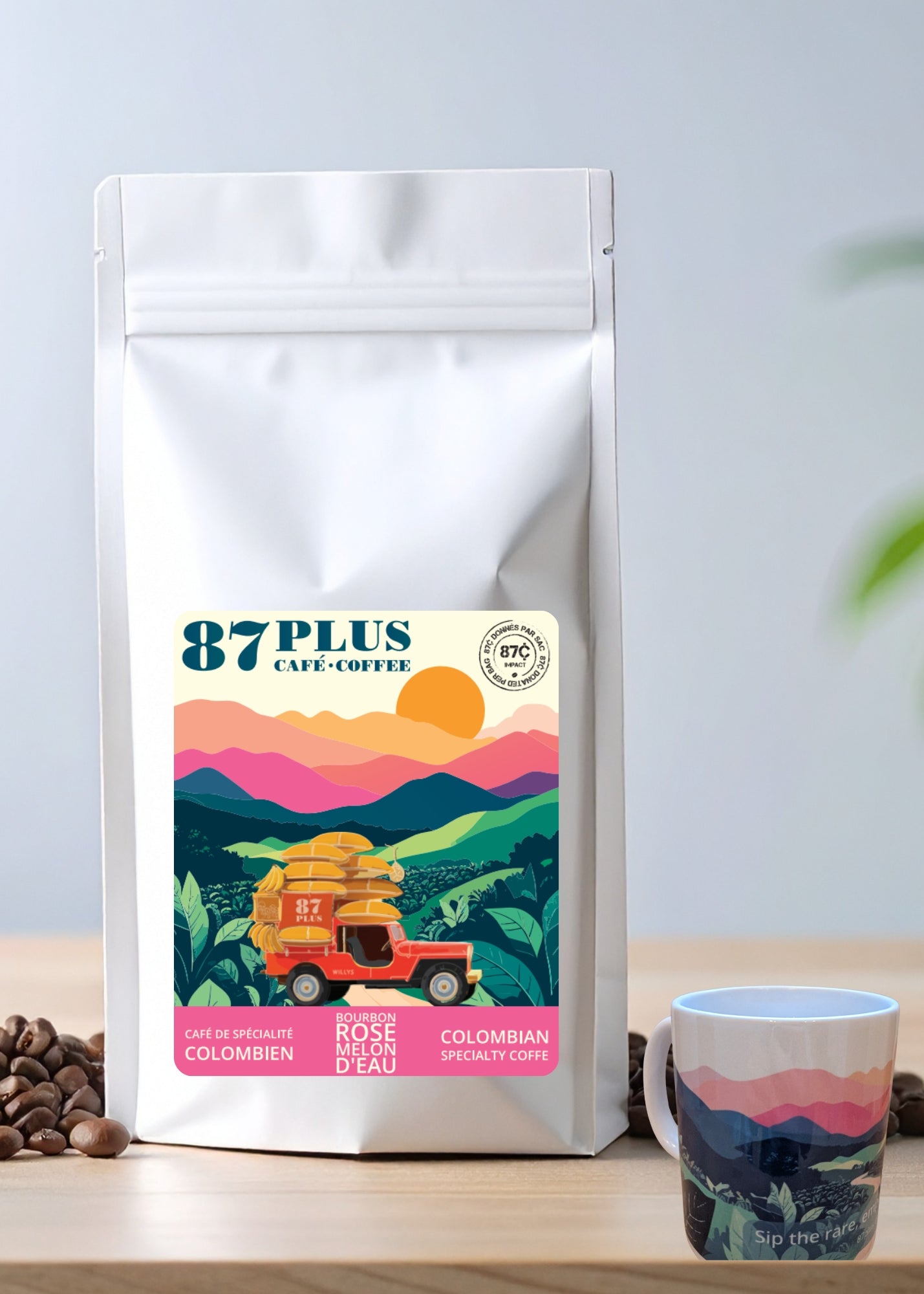 Specialty Colombian coffee - 87plus - pink bourbon variety, pink monarch, white and pink packaging back plus mug