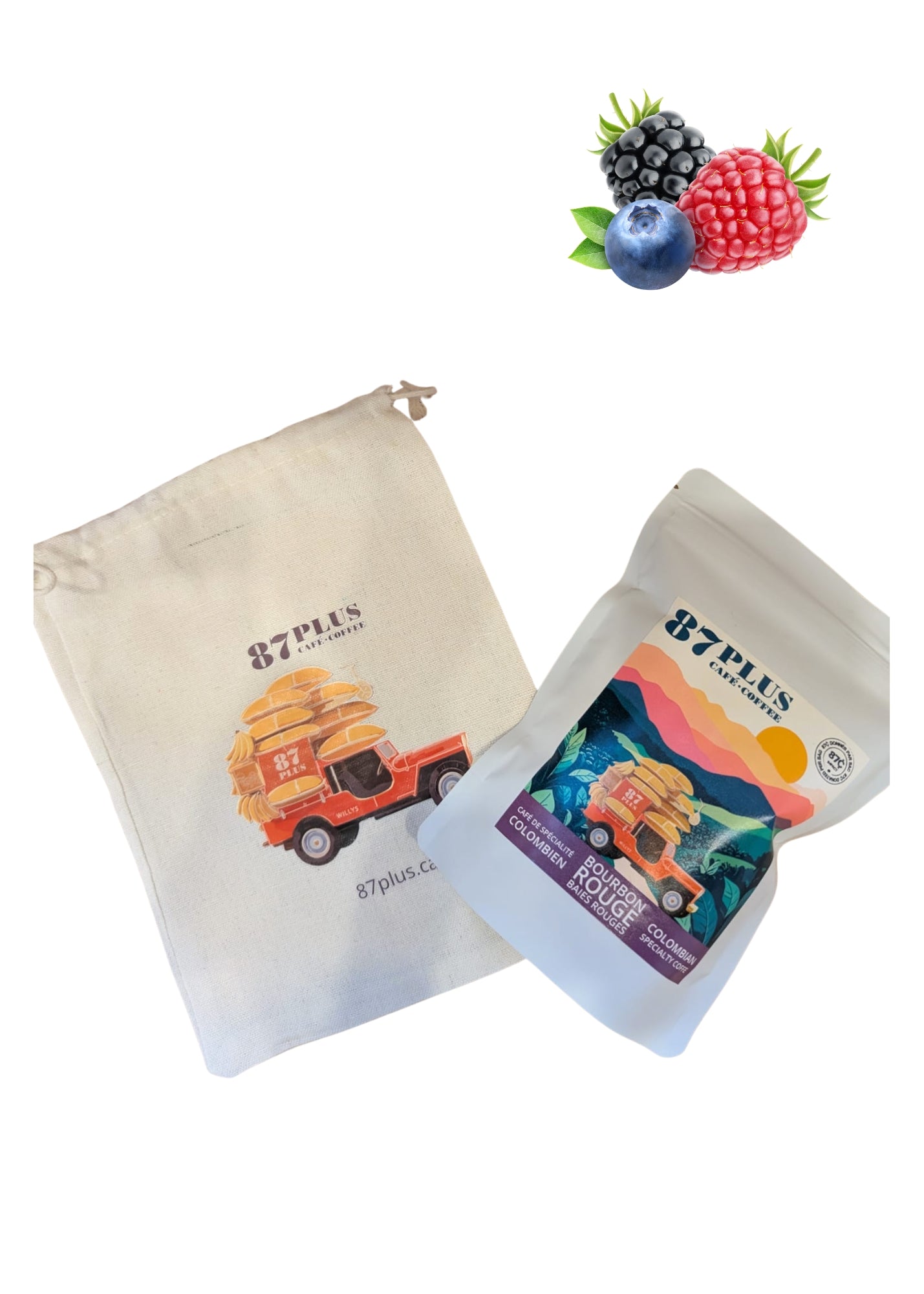 Specialty Colombian coffee - 87plus -red bourbon, white and purple packaging front, red berries