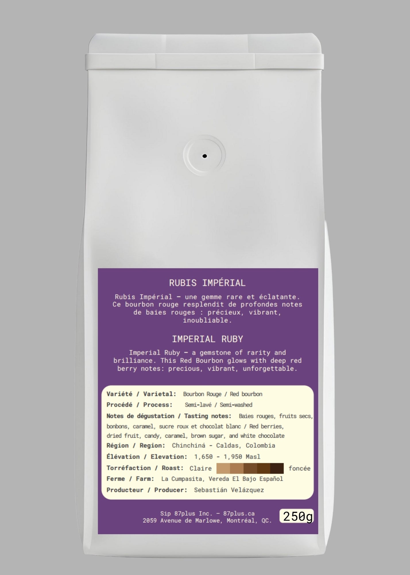 Specialty Colombian coffee - 87plus - red bourbon variety, imperial ruby, purple and pink packaging back