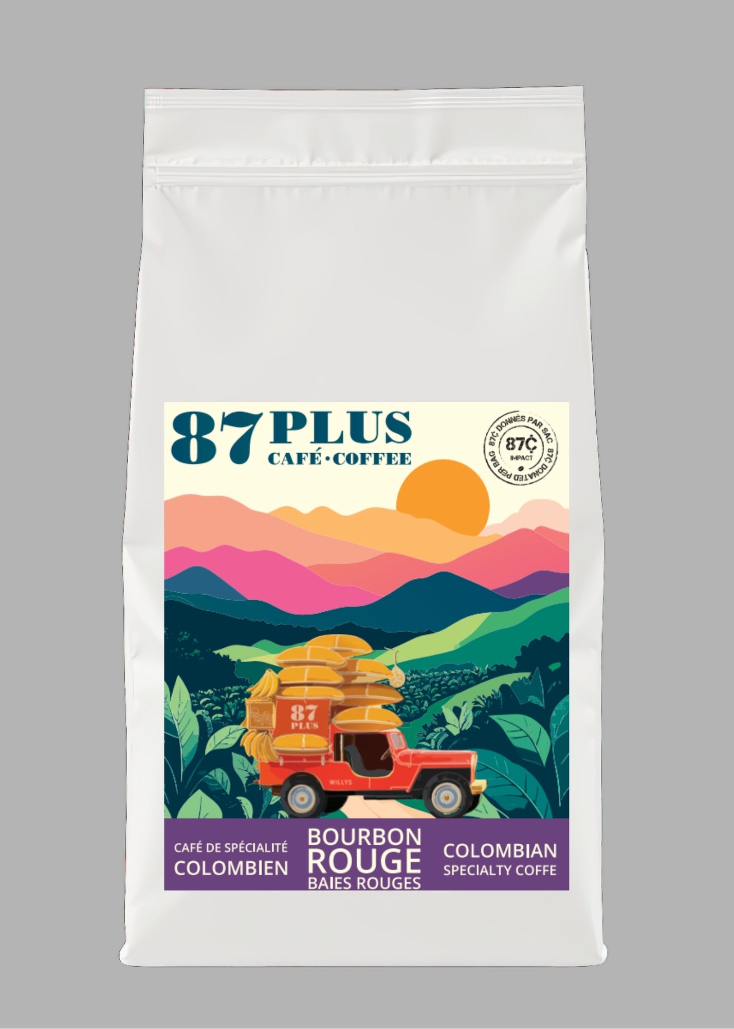 Specialty Colombian coffee - 87plus - red bourbon variety, purple and pink packaging front