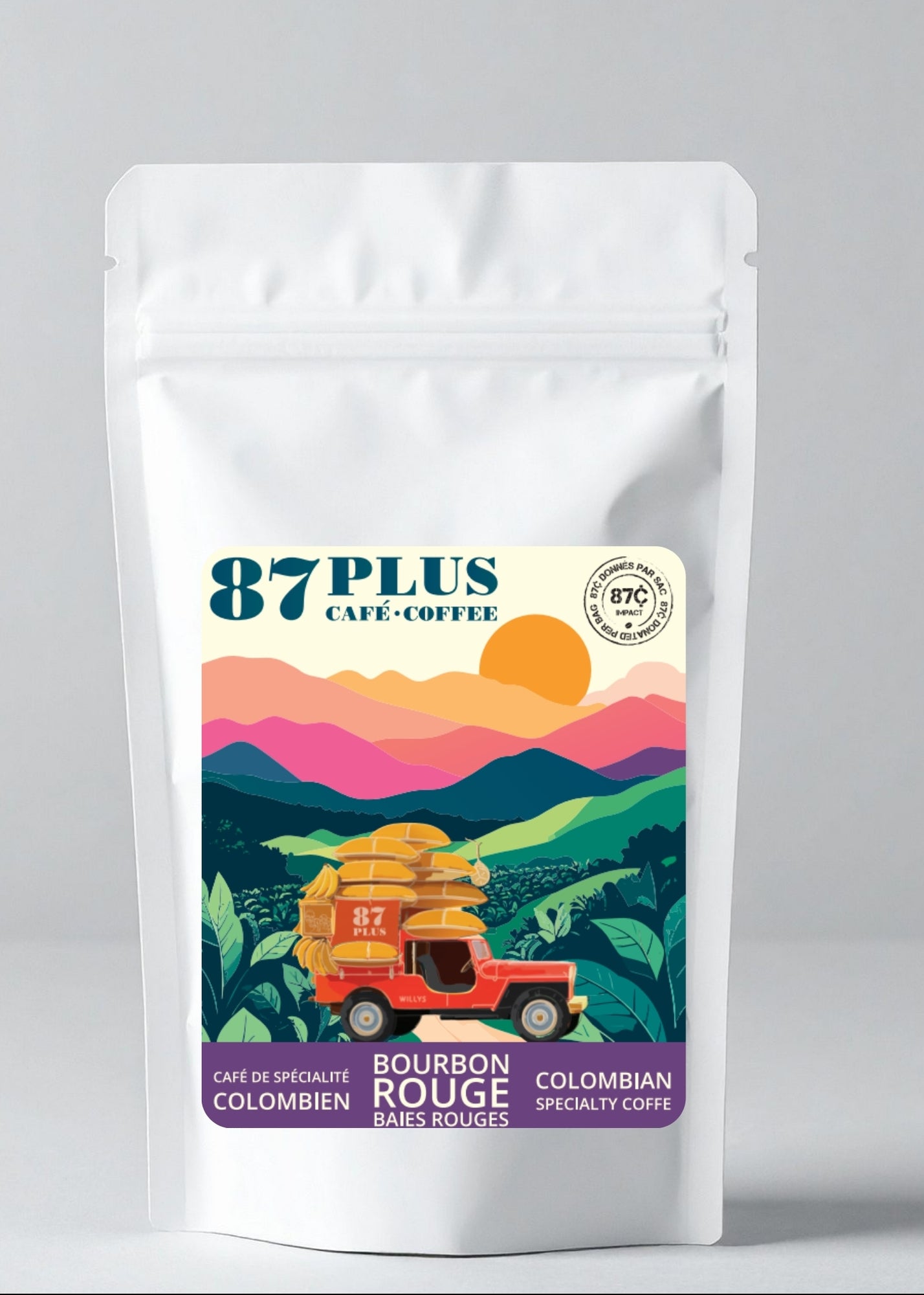 Specialty Colombian coffee - 87plus - red bourbon variety, purple and pink packaging front 150gr