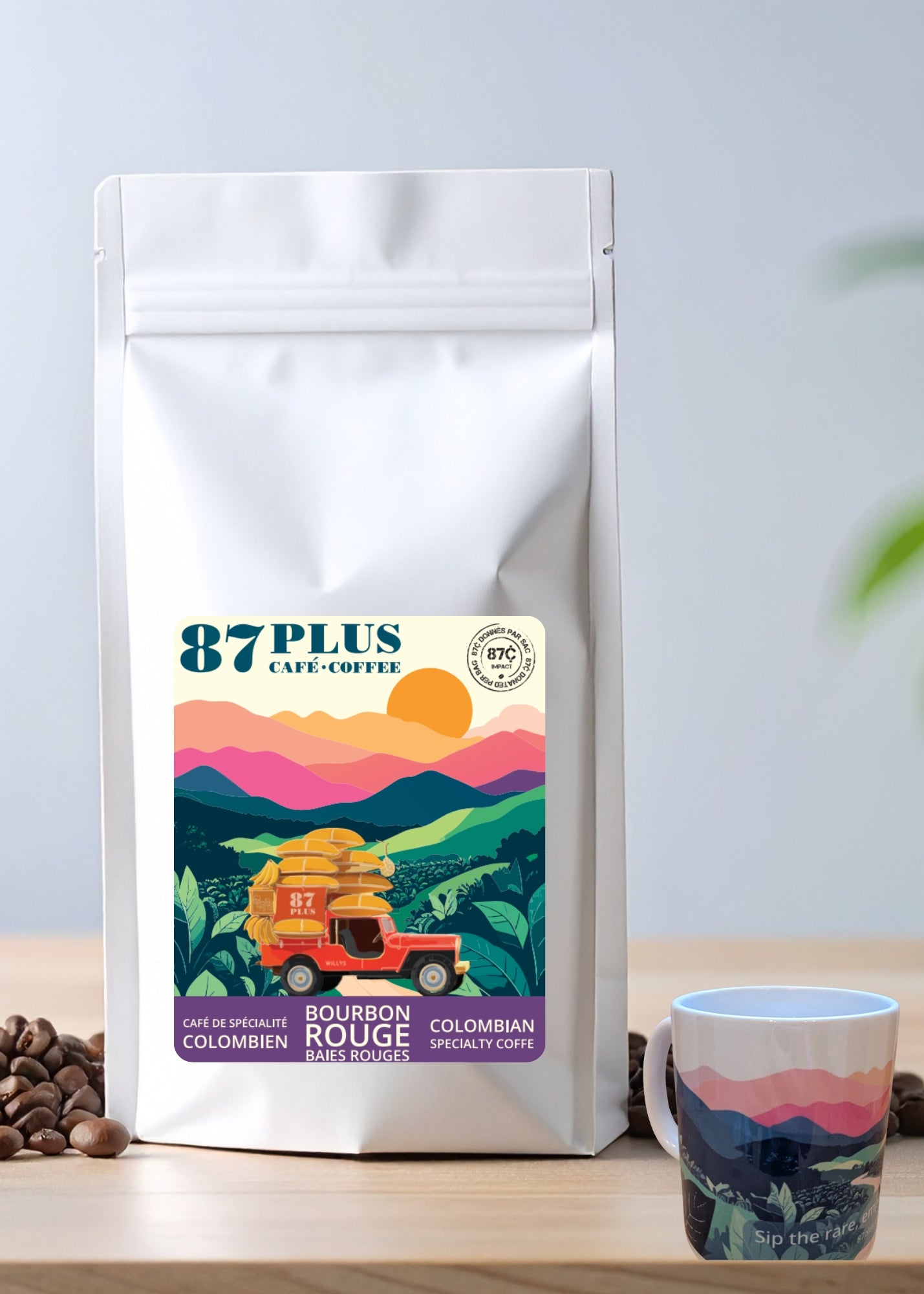 Specialty Colombian coffee - 87plus - red bourbon variety, purple and pink packaging front plus mug
