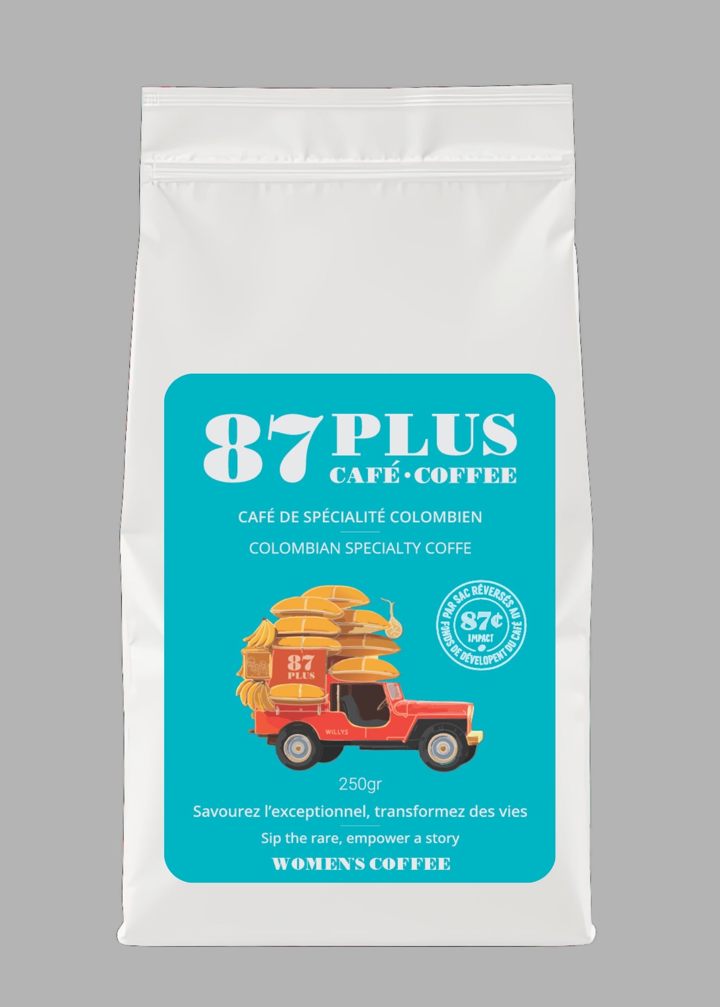 Specialty Colombian coffee - 87plus -womens coffee, every day coffee, white and blue packaging front