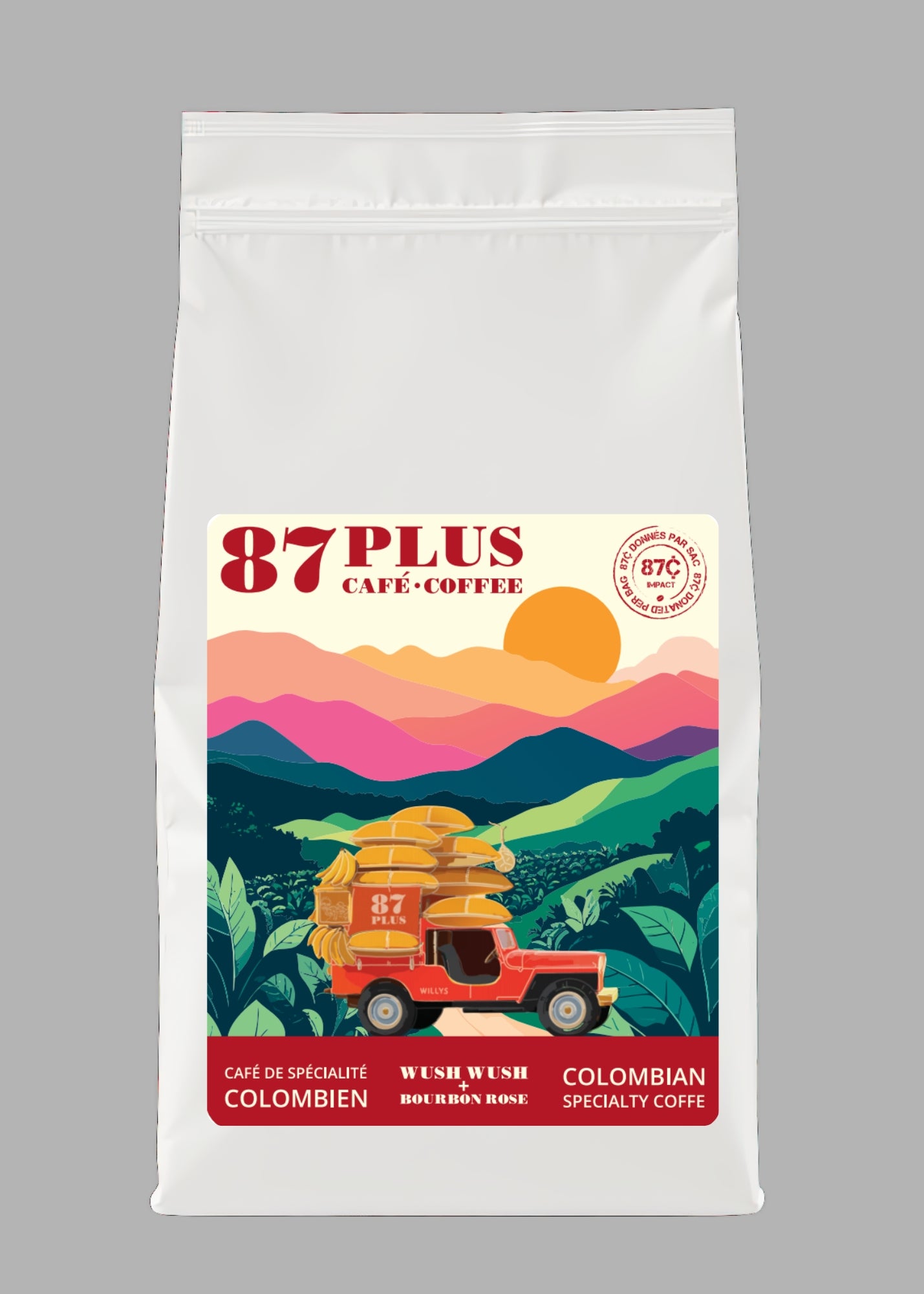 Specialty Colombian coffee - 87plus - wush whish + bourbon rose red and pink packaging front