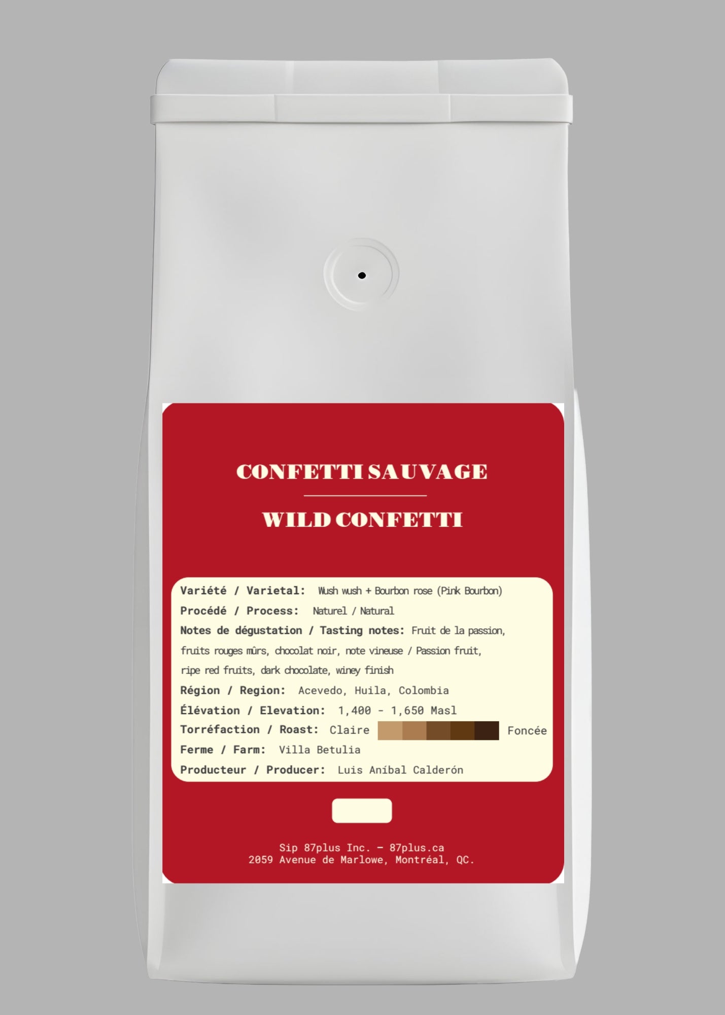 Specialty Colombian coffee - 87plus - wush whish + bourbon rose red and pink packaging back
