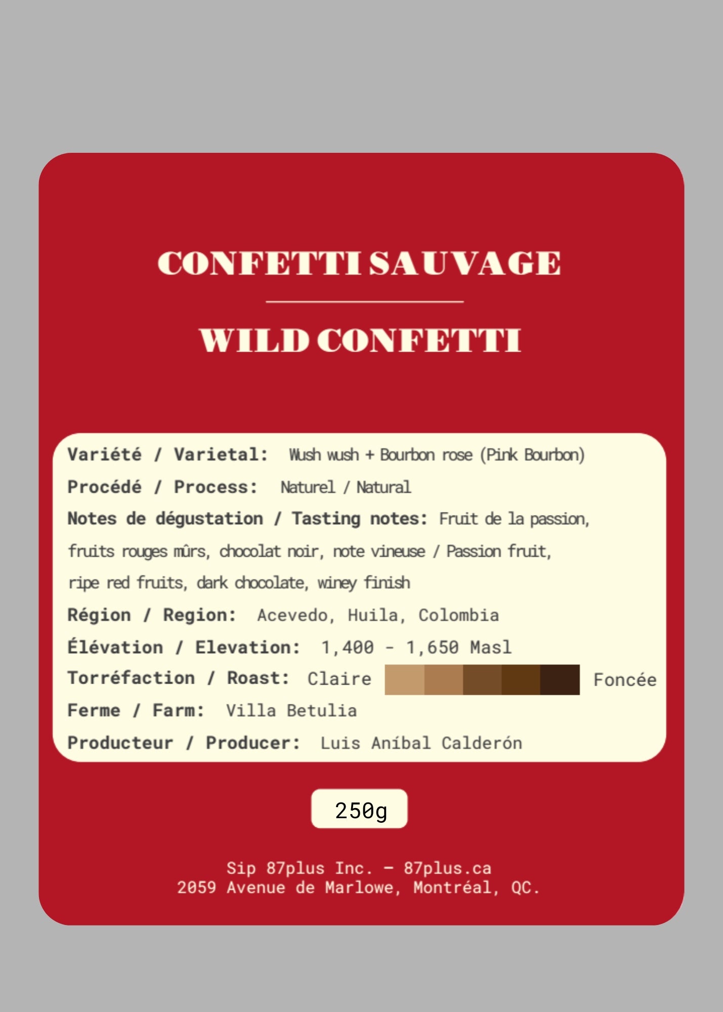 Specialty Colombian coffee - 87plus - wush whish + bourbon rose red and pink packaging back