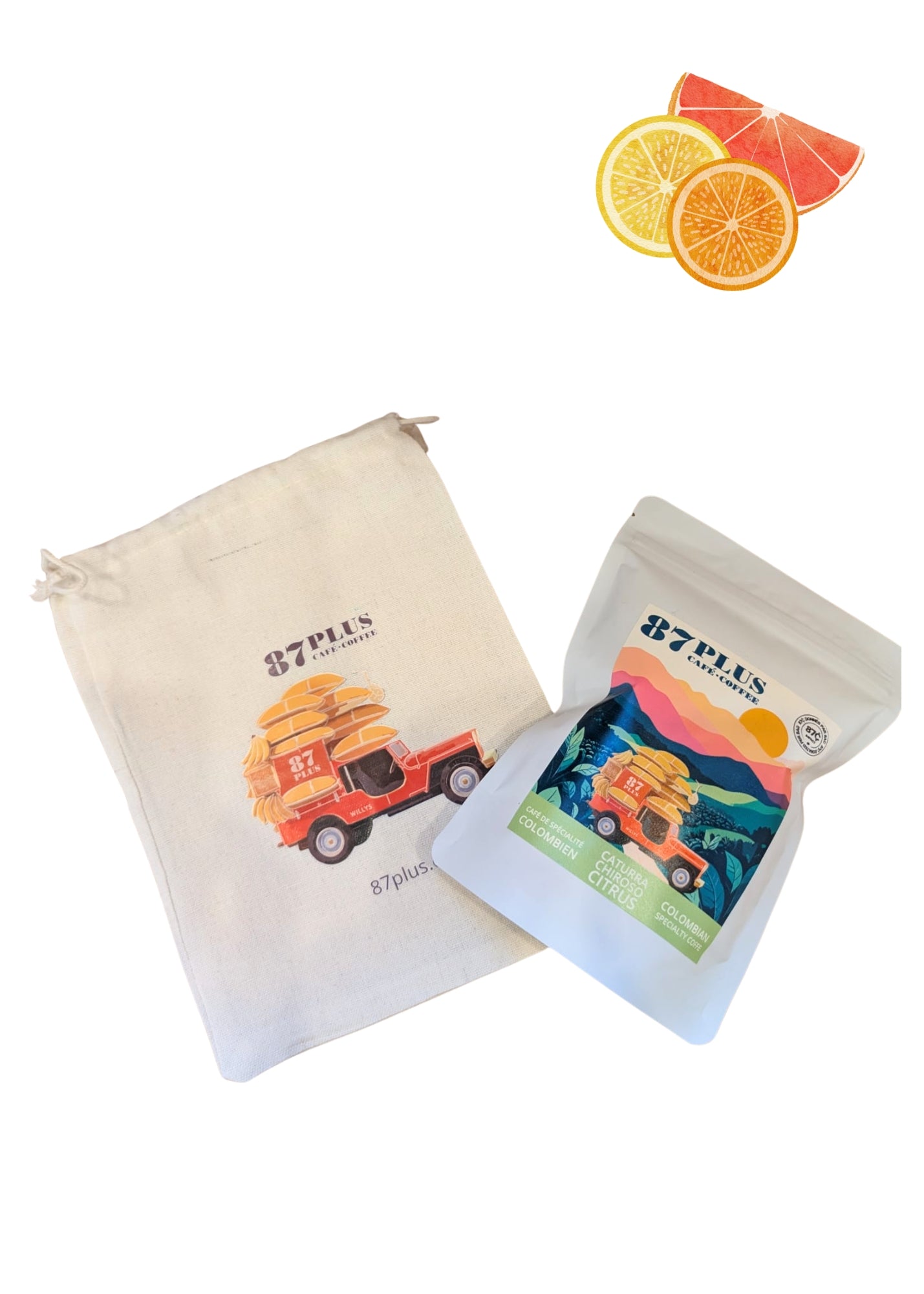 Specialty Colombian coffee - 87plus -caturra chiroso variety, white and green packaging front, citrus, lemon