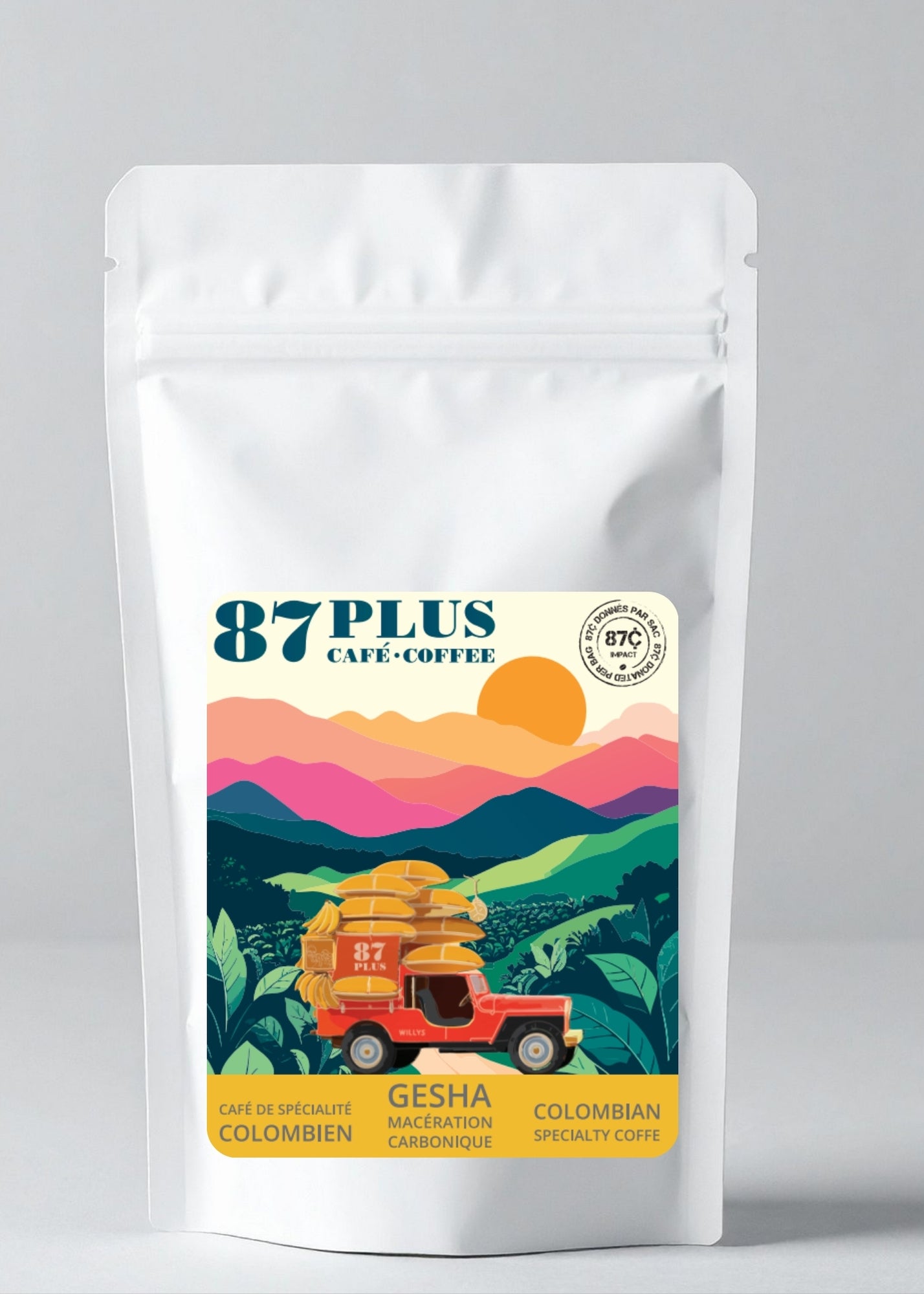 Specialty Colombian coffee - 87plus - gesha carbonic marecation variety, the crown, white and yellow packaging back, 150gr
