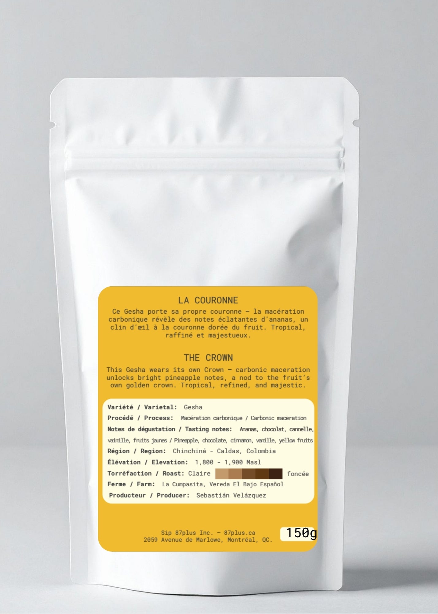 Specialty Colombian coffee - 87plus - gesha carbonic marecation variety, the crown, white and yellow packaging back