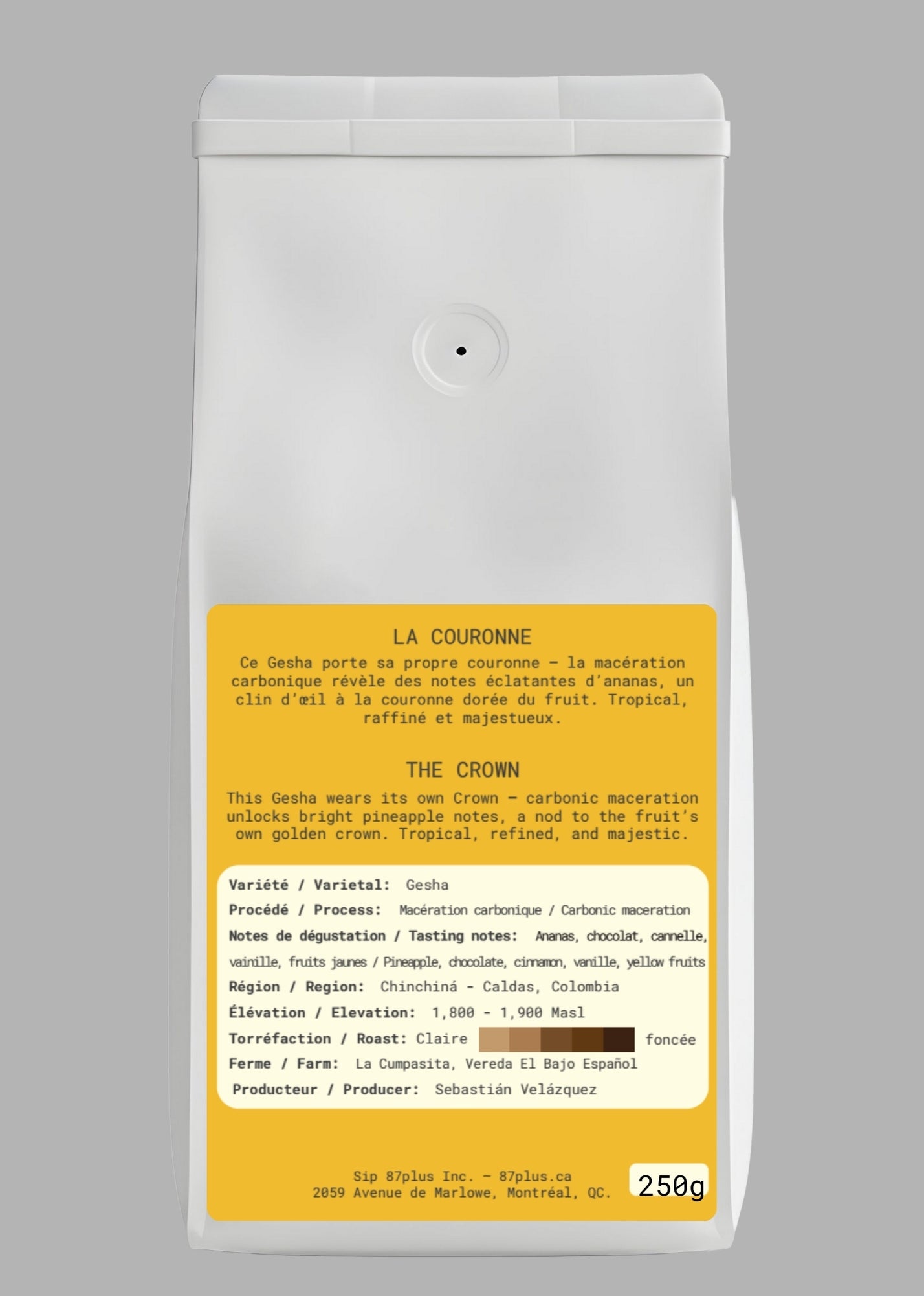 Specialty Colombian coffee - 87plus - gesha carbonic marecation variety, the crown, white and yellow packaging back