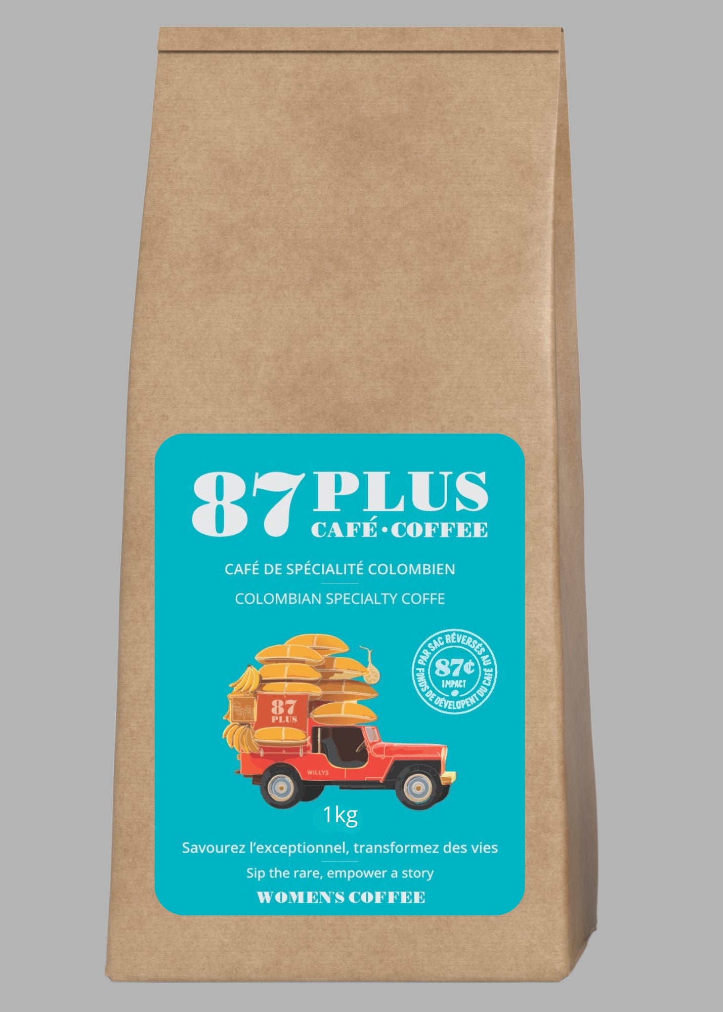 Specialty Colombian coffee - 87plus -womens coffee, every day coffee, white and blue packaging front 1kg
