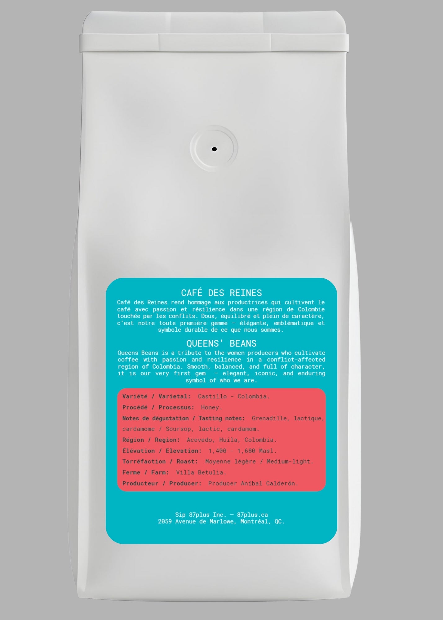 Specialty Colombian coffee - 87plus -womens coffee, every day coffee, white, pink, and blue packaging back