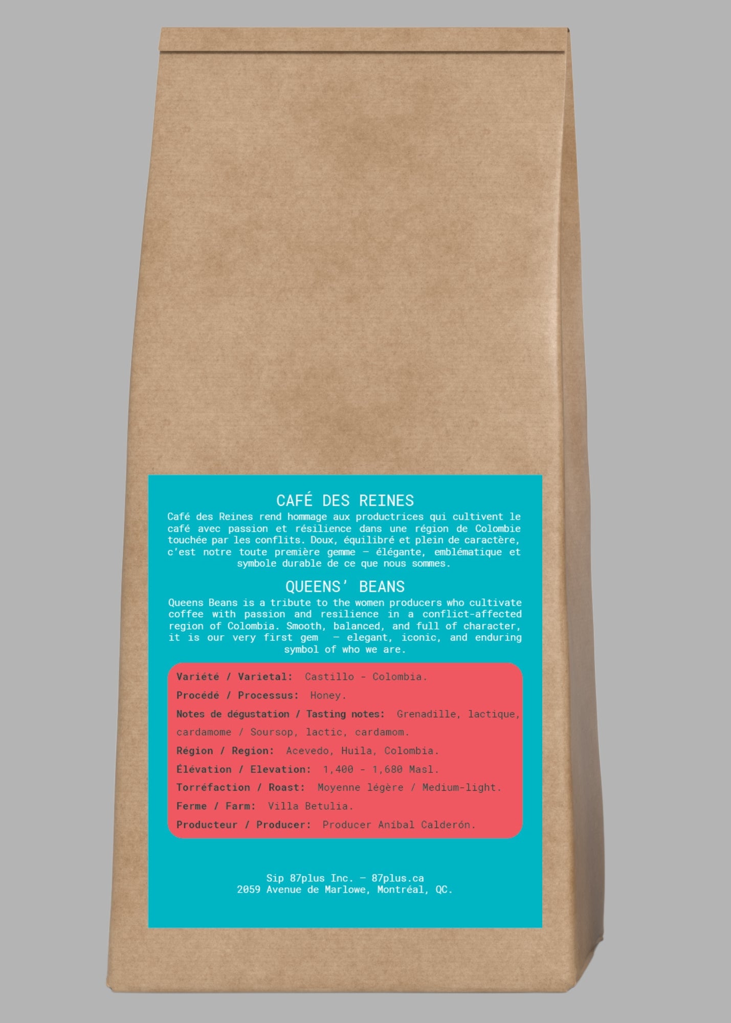 Specialty Colombian coffee - 87plus -womens coffee, everyday coffee, white and blue packaging back
